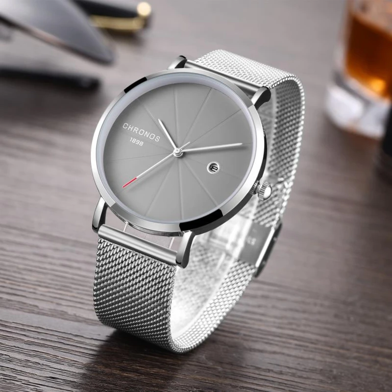 CHRONOS Fashion Mens Watches Top Brand Luxury Quartz Watch Men Casual Slim Mesh Steel Waterproof Sport Watch Relogio Masculino