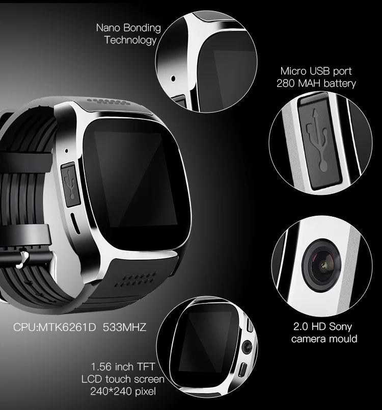 T8 Bluetooth Smart часы с слот sim карты 2.0 МП Камера mtk6261d 380mha Батарея для Android SmartWatch|bluetooth smart