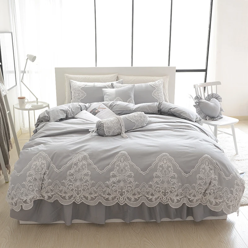 Grey Pink Blue Purple Cotton Lace Bedding Set Full Queen King Size