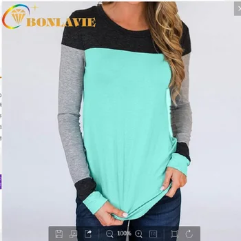

Women Shirts Long Sleeve Spot Round Collars Stitching Color Blue Patchwork T-shirts Comfortable Close Fitting Sweet Women Shirts