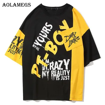 

Aolamegs Shirts Men Patchwork Letter Male Shirts Cotton Short Sleeve Shirt Hip Hop Fashion College Style Summer Streetwear