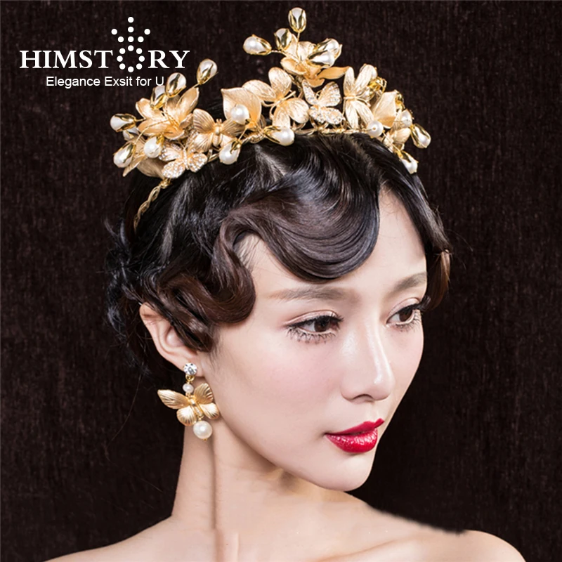 

HIMSTORY Gorgeous Retro Baroque Gold Leaf&Butterfly Hair Crown Jewelry Rhinestones Pearl Headpieces Wedding Hair Accessories