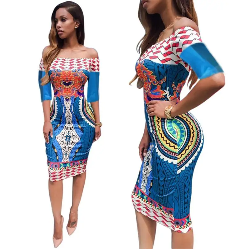 Новый дизайн для женщин традиционный Африканский принт Дашики Bodycon Сексуальная Половина рукава платье vestidos de renda