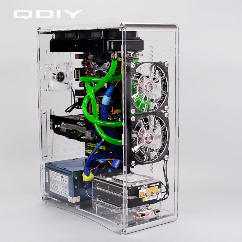 QDIY PC A006SM MicroATX прозрачный акриловый чехол для компьютера с водяным охлаждением