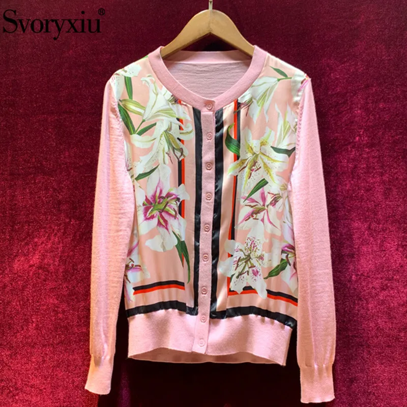 

Svoryxiu Designer Autumn lily Flower Printed Knitting Cardigan Women's Wool Blend Long Sleeve Pink Sweater Thin Coat Tops