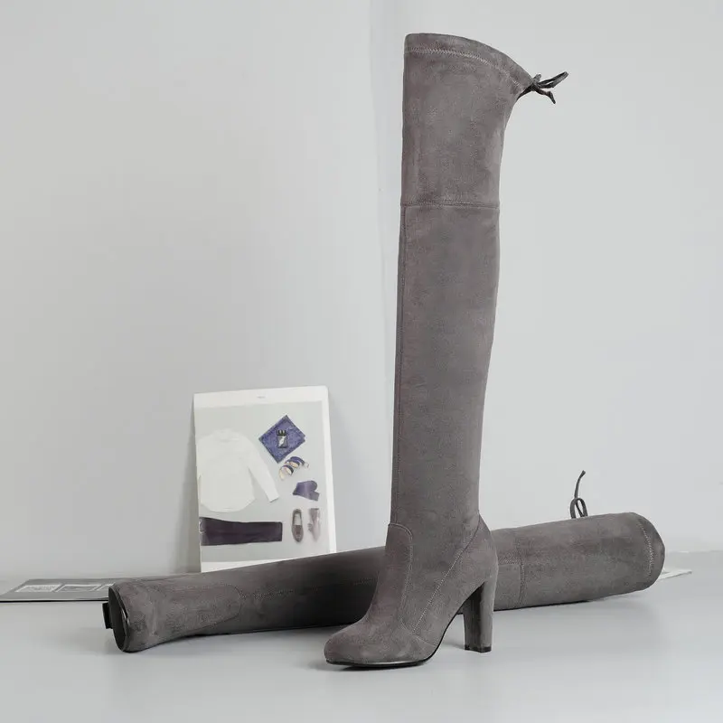 Brand design Block Heel Thigh Boots Women High Heel Stretch Boots Ladies Over the Knee Boots Black Gray Brown Nude Winter