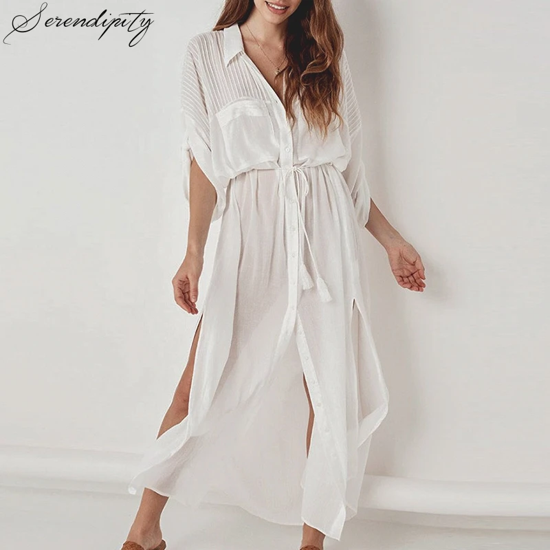 Off White Cotton Beach Dress Lace up Women Long Shirt Dresses Sexy