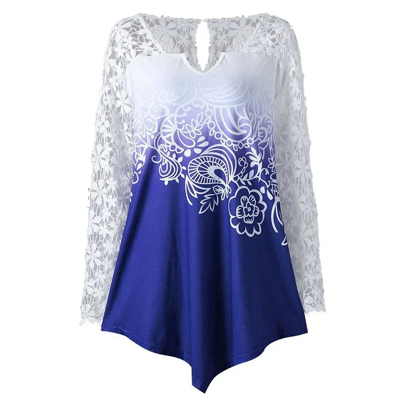 

2019 New Women Tshirt Casual Long Sleeve V-Neck Fashion Women T Shirt Lace Stitching Gradient Color T-Shirt Women Clothes