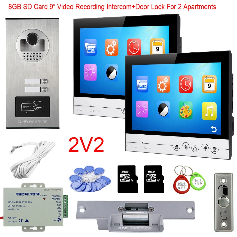 Rfid Camera 2/3/4/6 Call Buttons Video Intercom Video-Eye 8GB Video Recording 9\ Color Monitor Video Doorbell With Electric Lock