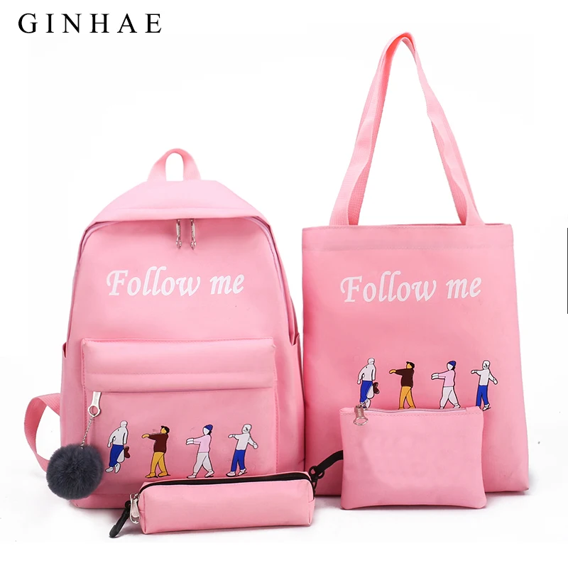 

4Pcs Women Cartoon Printing Backpack Cute Fur Ball School Bags For Teenagers Girls 2019 Large Student Set Mochila Feminina Bolsa