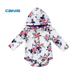 Canis 2018 Весна для новорожденных Обувь для девочек цветок ползунки с длинным рукавом с капюшоном Детские комбинезоны одежда