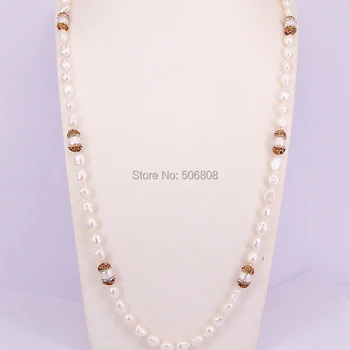 

3 Strands ZYZ179-1186 Fashion Pave Gold CZ Cylinder Pearl Jewelry 9-10mm Pearl Knot Freshwater Natural Pearl Necklaces For Women