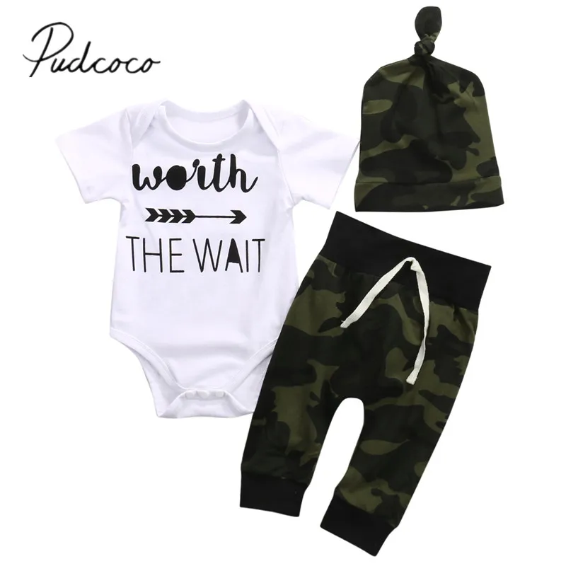 

2018 Brand New Summer Toddler Baby Boys Clothes Sets 3PCS Short Sleeve Letter Print White Romper Camouflage Pants Hats
