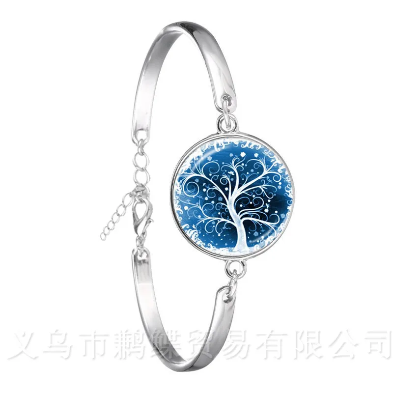 Браслет с цепочкой Life Tree стеклянный кабошон посеребренный винтажный массивный