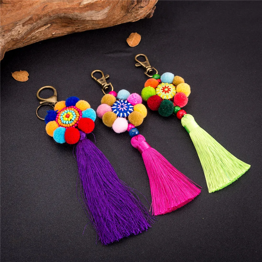 Long Tassel Ethnic Keychain Hand woven Charm Key Chains For Women Men
