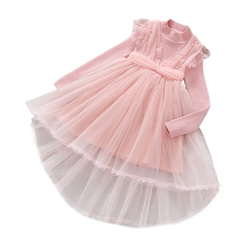 Girls Cute Pink Princess Dress Children's Spring Autumn Wedding Party Vestido Roupa Lace Gauze Long Sleeve Mesh Dresses Costume |