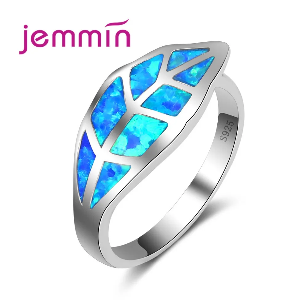 

Jemmin Leaf Shaped Blue Opal Ring Women Fashion Wedding Jewelry 925 Sterling Silver Engagement Promise Rings