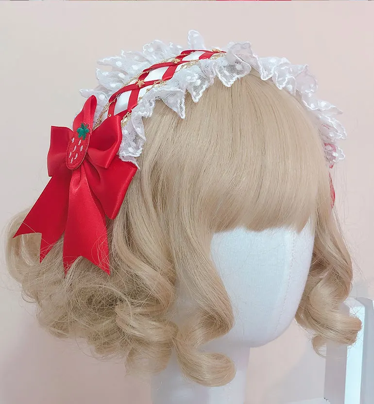 Звезда и клубника сладкий головной убор ручной работы бант Hairband KC обруч с лентой Лолита кружева дизайн милый красный+ белый+ золотой