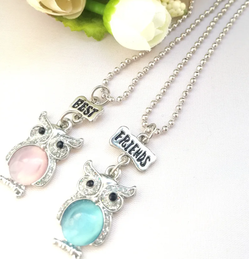 Friendship Two Girls Pink  Blue Owls Pendant Necklaces Gift for Friend N544 