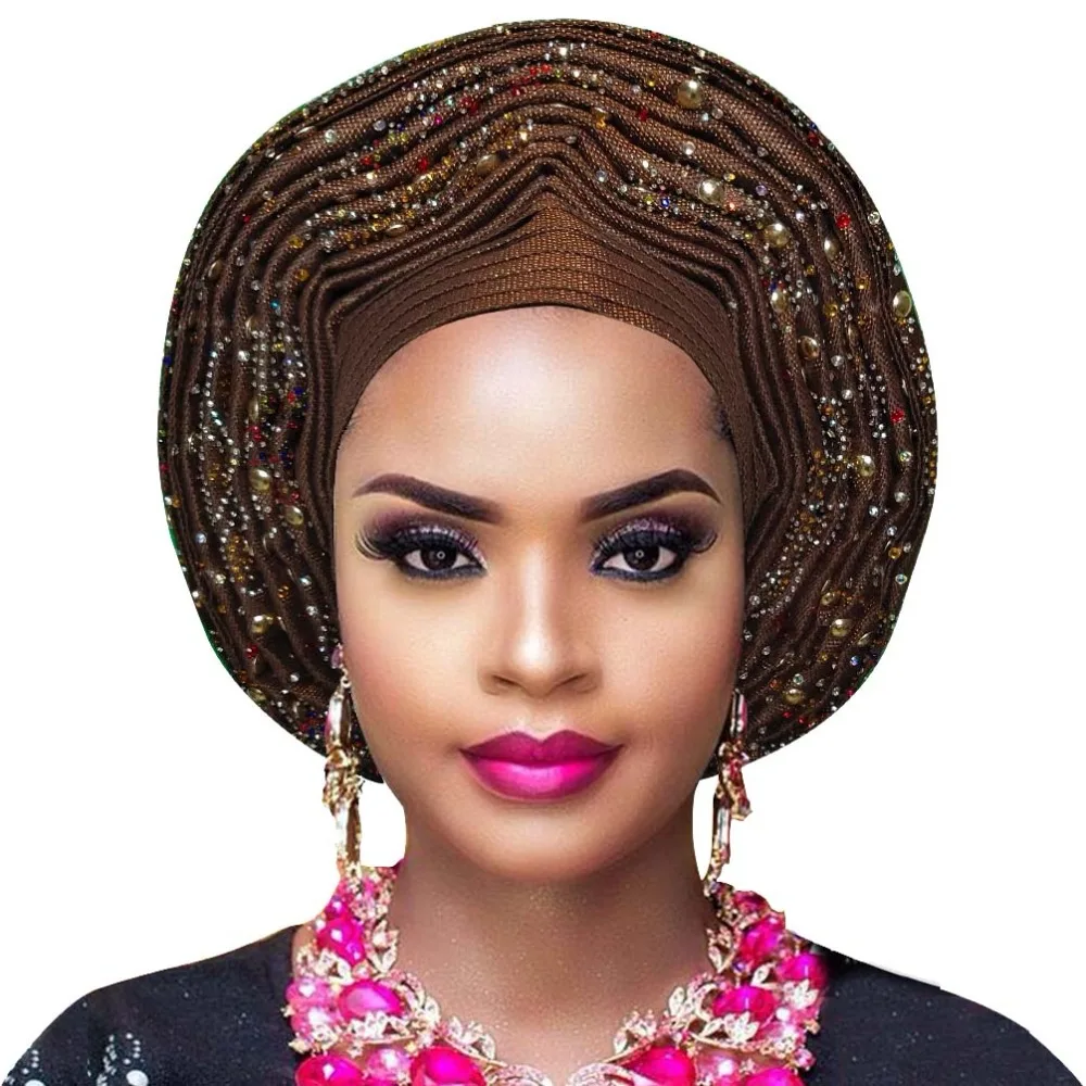 Популярный женский головной убор aso oke auto gele для aso ebi Африканский головной убор с бисером