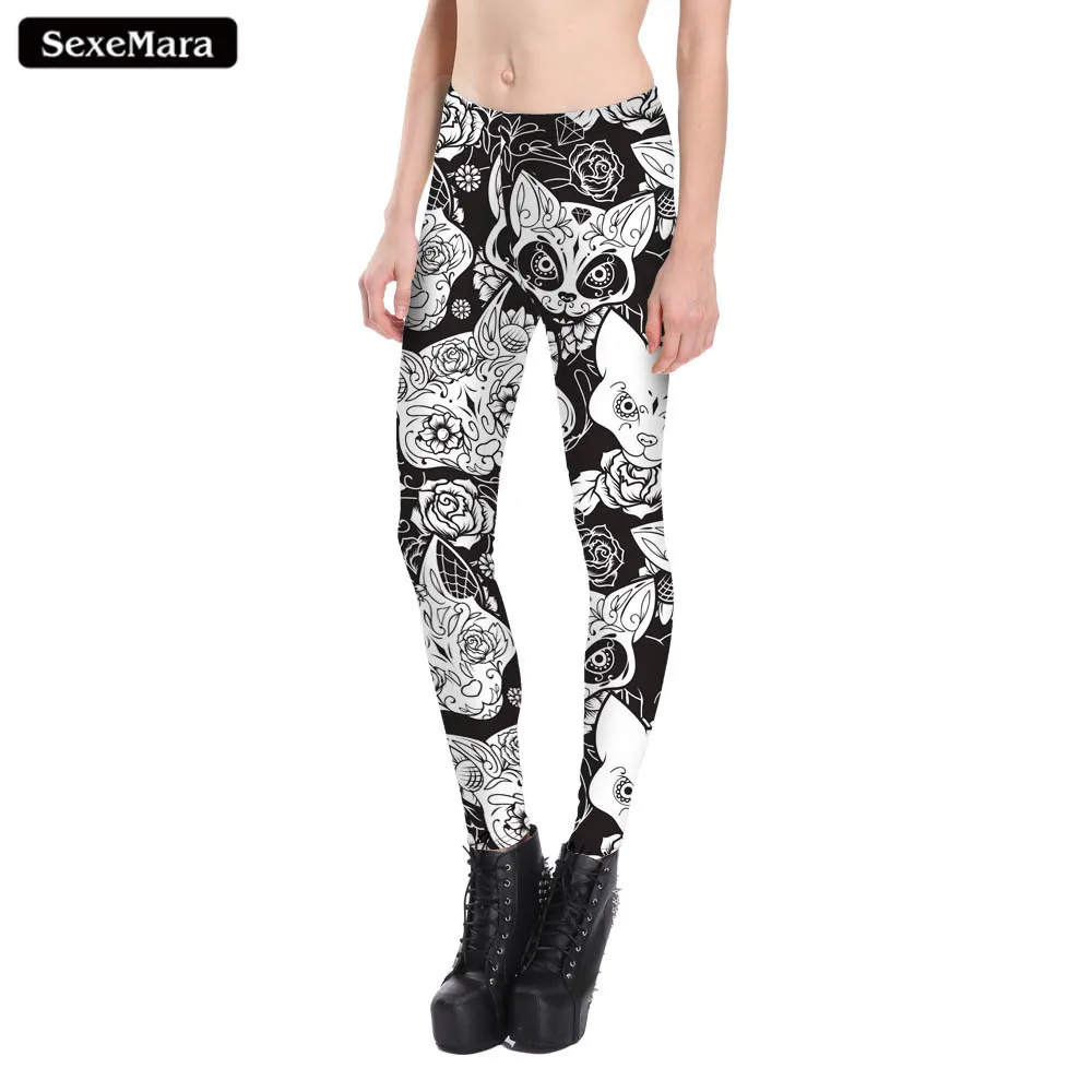 

SexeMara Black&White Digital Printing Abstract Harajuku Cats Leggings Fashion Streetwear Sexy Women Leggings 2018 New Design
