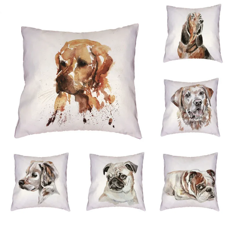 

Cute Puppy Head Portrait Cushion Cover Polyester Peach Skin Personality Spotted Dog Naughty Golden Retriever Pillow Decoration