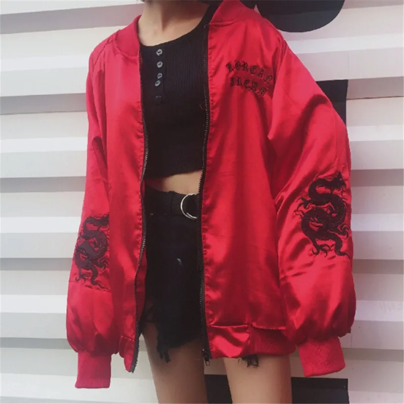 Koop Tangku 2018 Nieuwe Draak Geborduurde Bomber Jas Baseball Jas Lange Mouwen Rits Zijdeachtige Jacket Vrouwen Mannen Hip Pop Uitloper