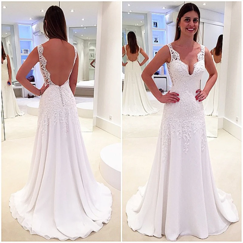 New Style Wedding  Dress  V Neck Backless Tank  Sleeves with 