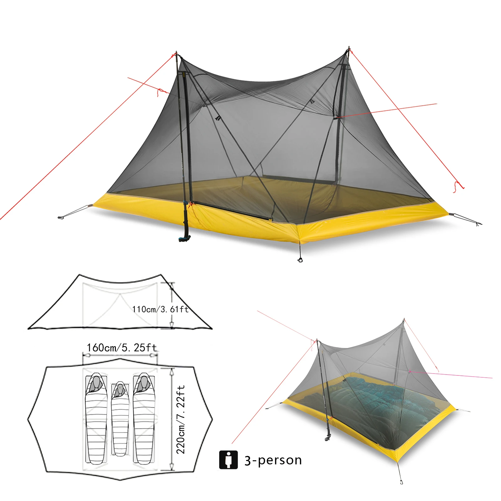 Сверхлегкий 4 человека 3 Сезона Палатка 20D двухсторонняя с силиконовым покрытием нейлон 1150 г Flysheet/дышащая сетка 730 г Внутренняя палатка
