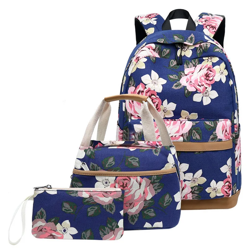Atinfor 3 шт./компл. Для женщин Цветочный принт рюкзак зарядка через usb Порты и разъёмы школьный рюкзак для студентов, Повседневное книжная сумка - Цвет: Dark Blue