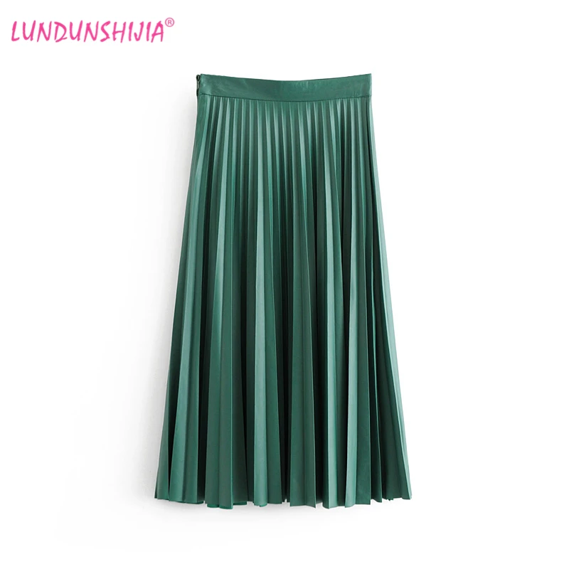 LUNDUNSHIJIA Зеленые кожаные юбки для женщин Новое поступление весенние элегантные модные гофрированные длинные юбки с высокой талией