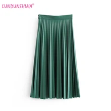LUNDUNSHIJIA Зеленые кожаные юбки для женщин Новое поступление весенние элегантные модные гофрированные длинные юбки с высокой талией