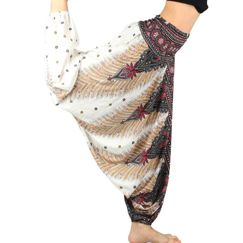 One Size Women Thai Indian Harem Trousers Comfy Boho Pants Long Beach Summer Pants Casual Loose Low Cut Floral Trousers