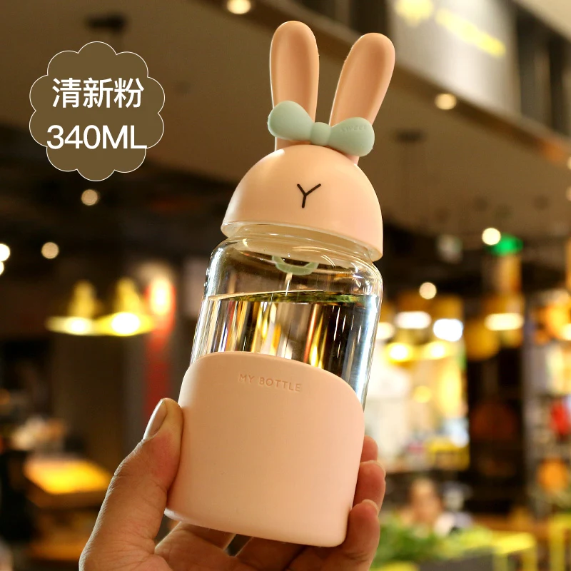 

340ML 3Color Female Cute Portable Korean Version of The Creative Student Mini Water Bottle Cartoon Fresh Water Glass Bottle