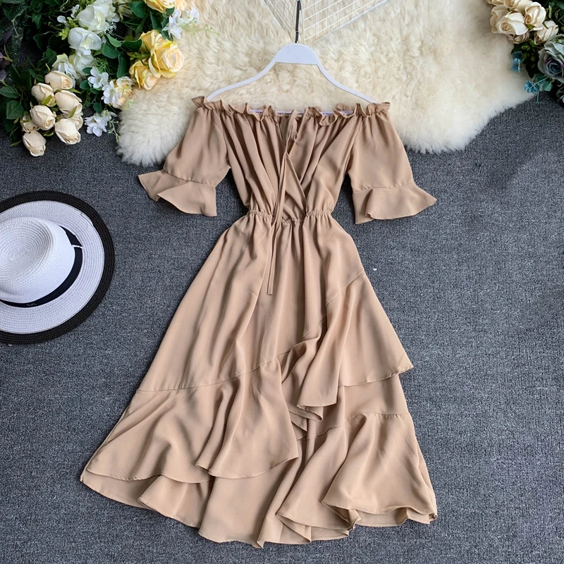 

Taotrees Women Summer Slash Neck Off Shoulder Flare Sleeve High Waist Irregular Lotus Leaf Side Dress
