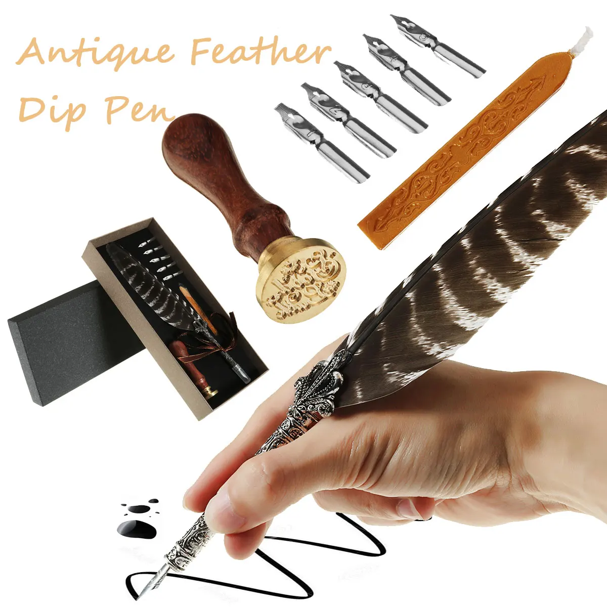 

Kicute Vintage Fountain Pen Feather Quill Pen Metal Nibs Dip Writing Black Ink Set Stationery With 5 Nib Collectable Supplies