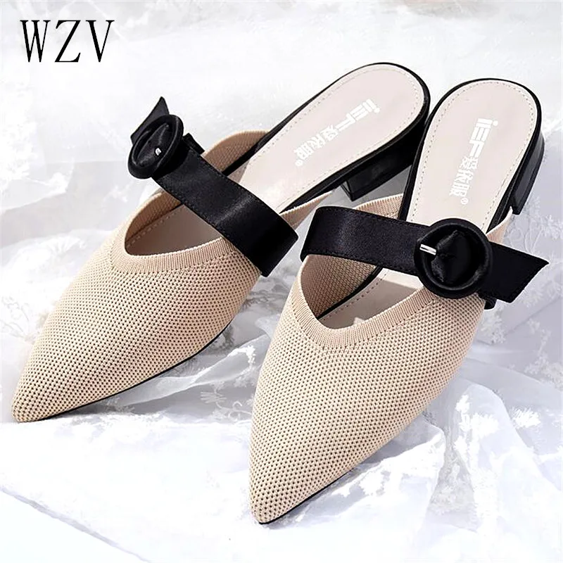 

2019 Summer Knitted Fabric Shoes Woman Square Low Heels Woman Slippers Pointed Toe Mules Girls Slides Sandals Shoes E762