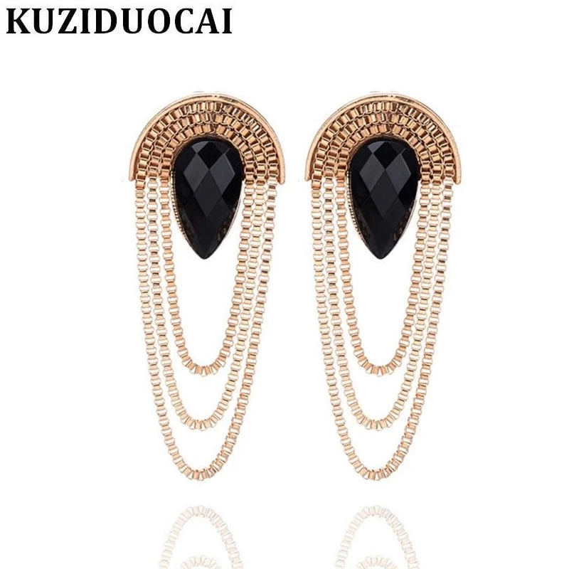 

Kuziduocai New Fashion Jewelry Bohe Oval Droplet Black Crystal Metal Chain Tassel Stud Earrings For Women Statement Brincos A-23