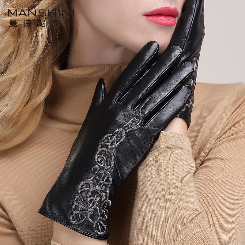 

Women touch screen leather gloves sheepskin women thin gloves drive hollow embroidery leather glove women's fashion gloves 091
