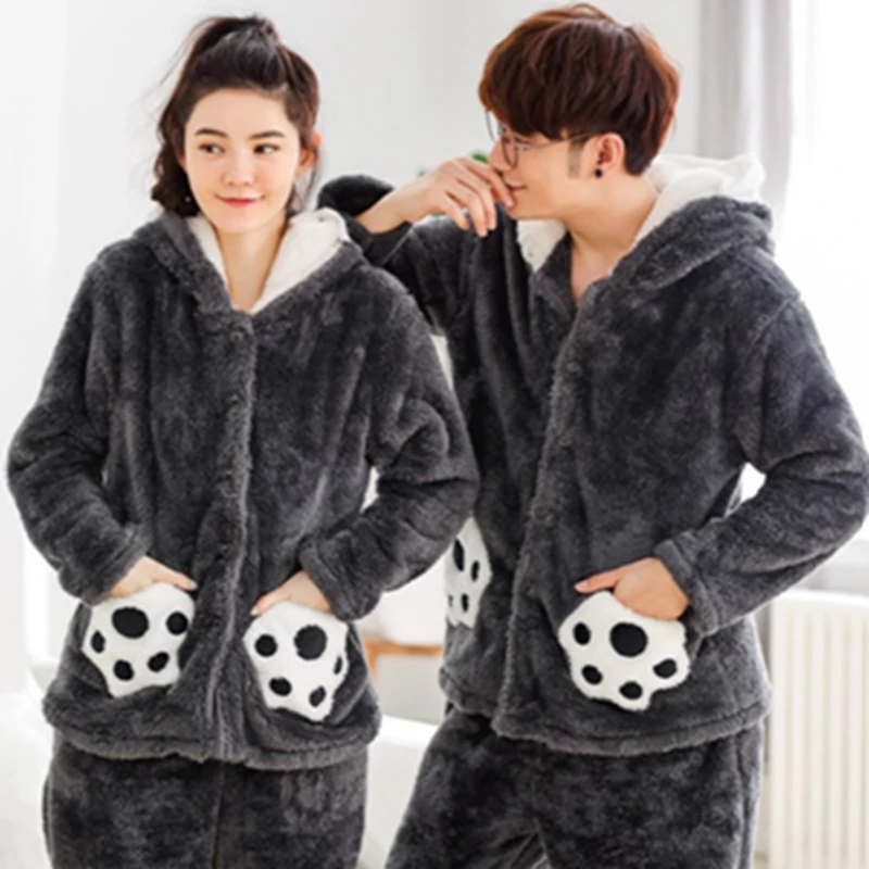 

JINUO Fashion Winter thicken flannel pajamas sets women Warm couple sleepwear simple soft elegance male long-sleeve pajamas