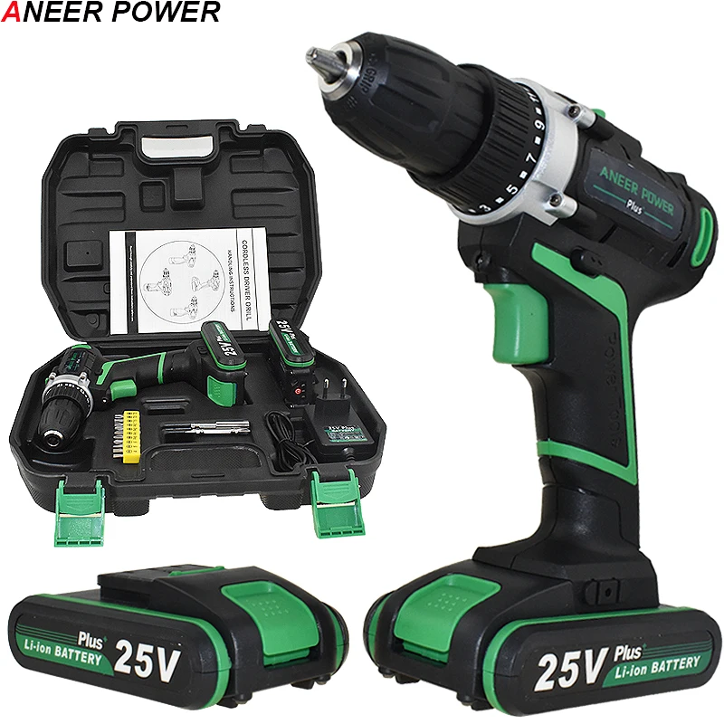 25V Plus Cordless Drill Electric Drill Electric 2 Batteries Screwdriver Power Tools Mini Drill Drilling Electric Screwdriver