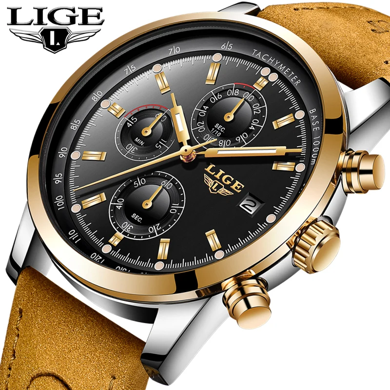 

LIGE Mens Watches Top Brand Luxury Fashion Gold Quartz Watch Men Sport Waterproof Leather Military Wrist Watch Relogio Masculino