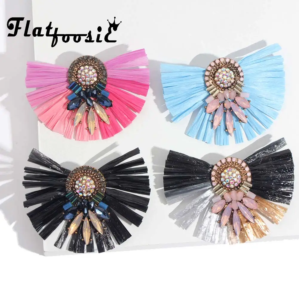 

Flatfoosie Boho Raffia Big Stud Earrings For Women Fashion Crystal Handmade Colorful Tiered Tassel Fringe Ethnic Earring Jewelry
