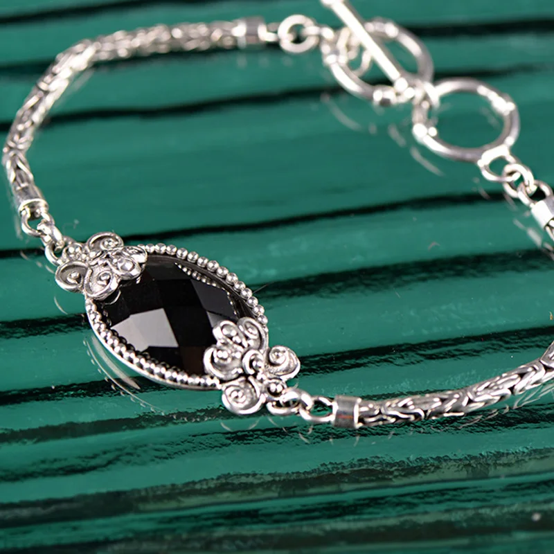 

Guaranteed 925 Sterling Silver Bangles For Women With Black Obsidian Vintage Punk Jewelry Jonc Argent 925