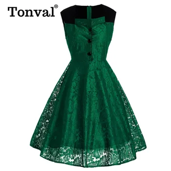 

Tonval Green Elegant Sweetheart Retro Floral Lace Dress Women Button Sleeveless Office Lady Dresses 1950s Vintage A-Line Dress