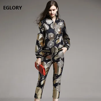 

Top Quality New Designer Clothing Set Women Luxurious Beading Embroidery Jacket Coat+Calf-Length Pants & Capris Set Autumn 2018