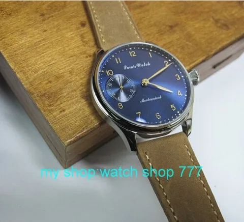 2016 new fashion 44mm PARNIS pilot blue dial 6498 Mechanical Hand Wind movement men s watch