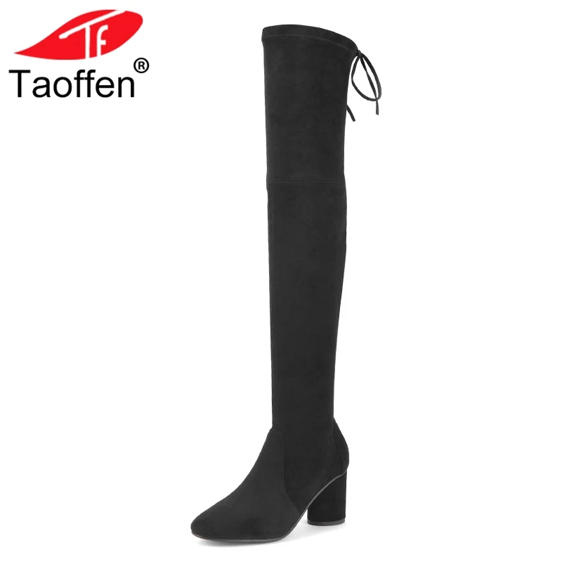 

Taoffen Women High Heel Boots Lace Up New Spring Autumn Stretch Shoes For Women Sexy Round Toe Thigh High Boots Size 34-39