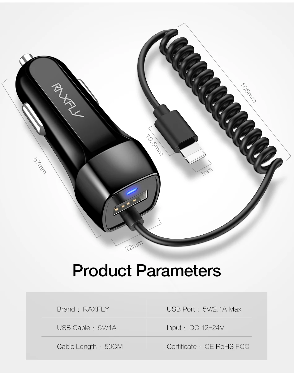 RAXFLY Car Charger With Spring Micro USB Type C Cable For iPhone 12 11 XR 8 Cigarette Lighter USB Truck Car Charger For Phone 12 v usb