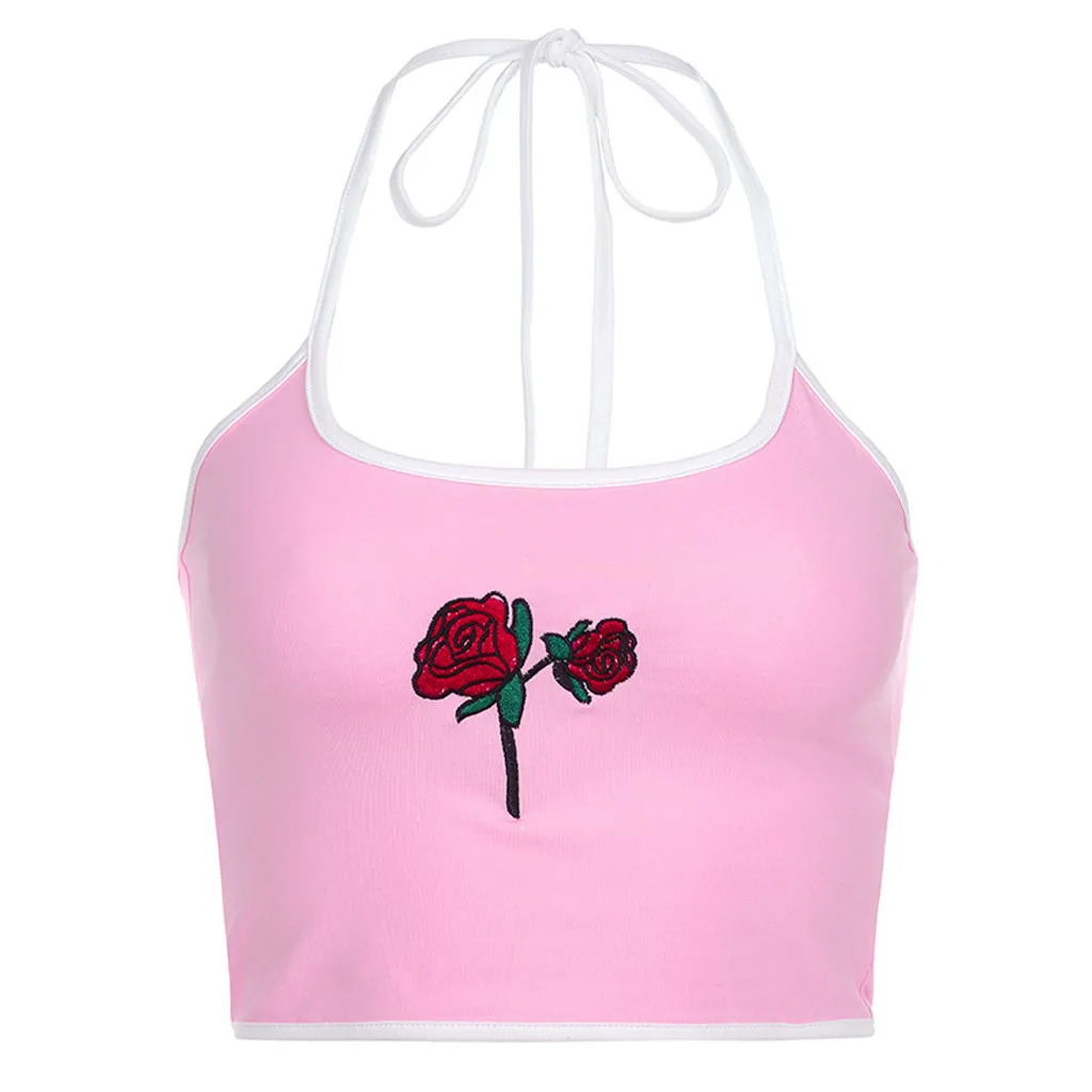 NEW Women Sexy Neck-hung High Quality Rose Embroidery Showback Bottom Top Blouse Ladies Tops Girl Women LS*D